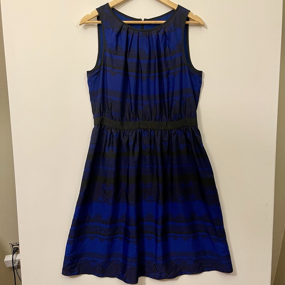 LOFT Lace Print Cocktail Dress Black Blue Lined Whimsygoth Dark Romantic Size 10